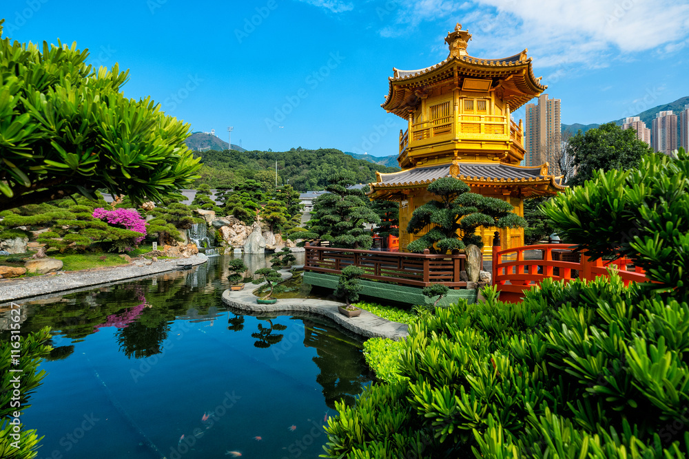 Front View The Golden Pavilion Temple in Nan Lian Garden