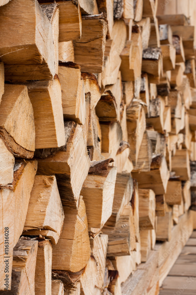 Firewood. Stack Of Dried Firewood Of Birch Wood Outdoor. Close Up.
