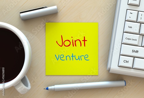 Joint Venture, message on note paper, computer and coffee on table, 3D rendering