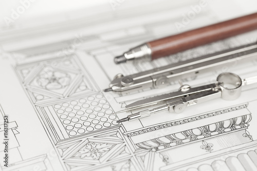 Wallpaper Mural compasses, mechanical pencil and architectural drawing Torontodigital.ca