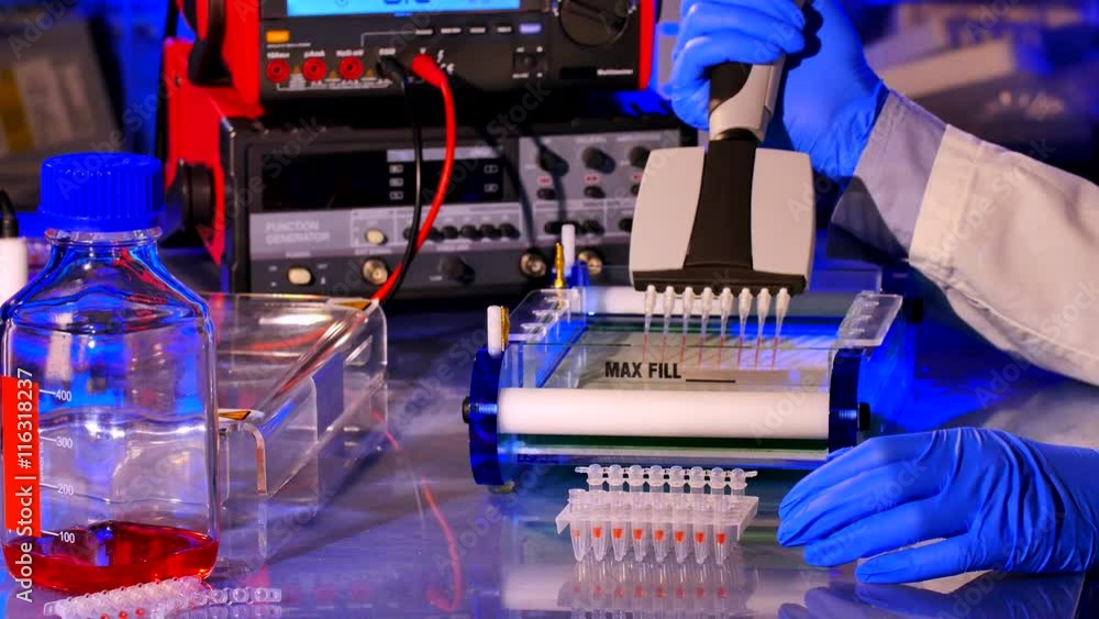 Sample preparation for DNA electrophoresis. Adding samples in Gel