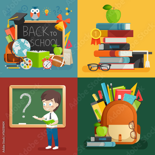 School theme set. Back to school, backpack, schoolboy and other elements.