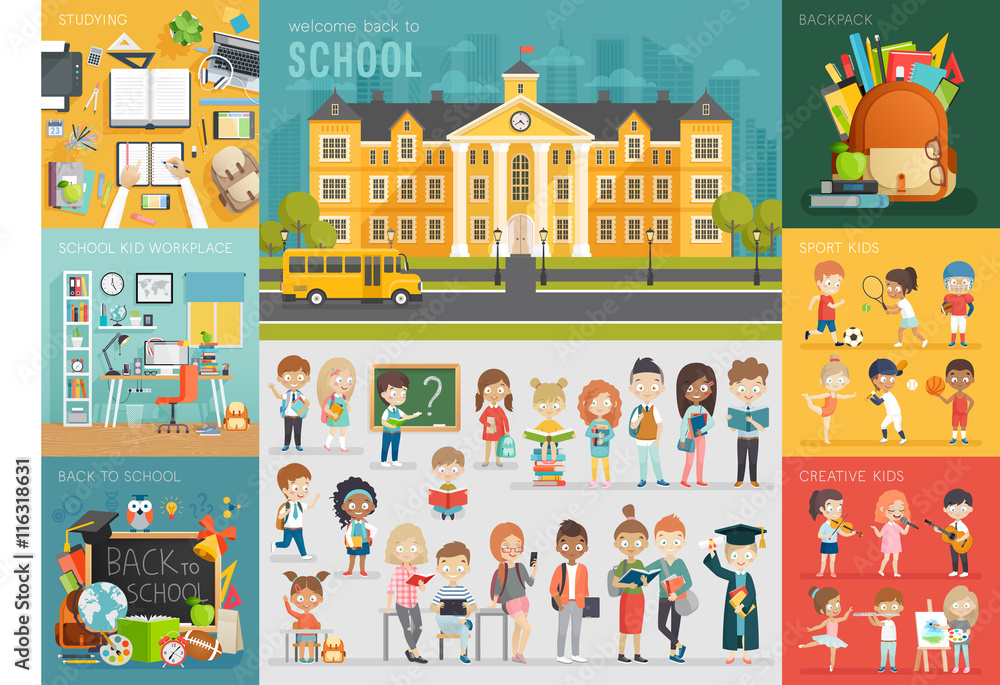 School theme set. Back to school, workplace, school kids and other elements.