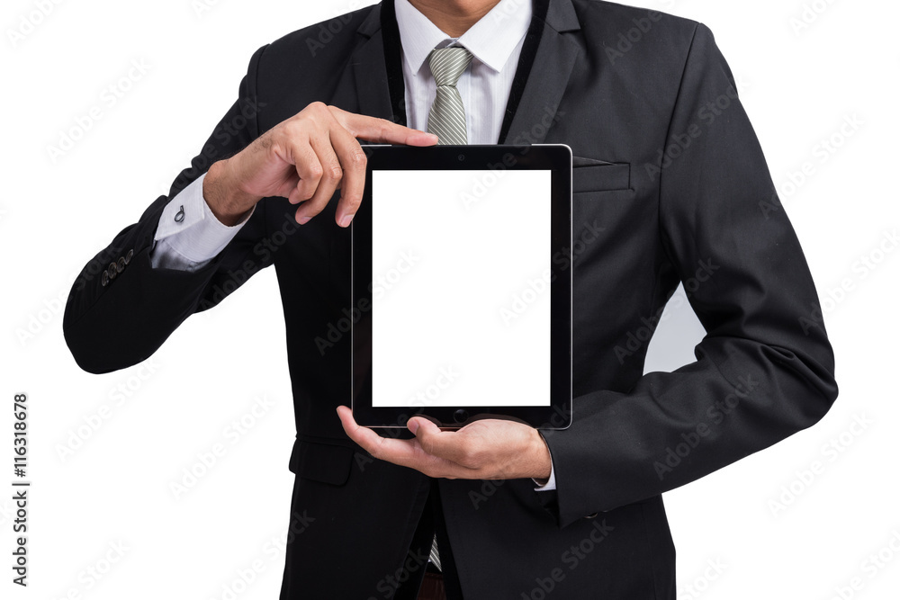 Yong businessman holding digital tablet computer showing screen Yong businessman holding digital tablet computer showing screen