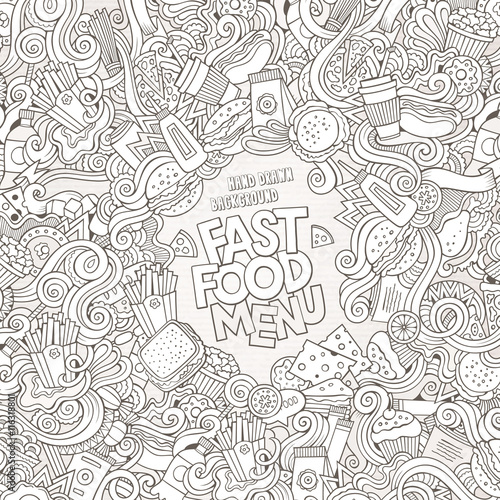 Fototapeta Naklejka Na Ścianę i Meble -  Fast food doodles elements frame background
