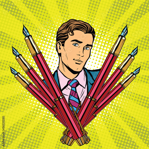 businessman and ink fountain pen icon