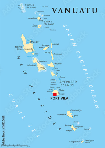 Vanuatu political map with capital Port Vila. Republic and island nation in South Pacific Ocean. New Hebrides with largest islands Espiritu Santo, Malakula and Efate. English labeling. Illustration.