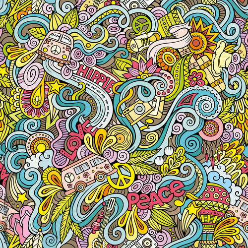 Cartoon hand-drawn Doodles on the subject of Hippie style theme 