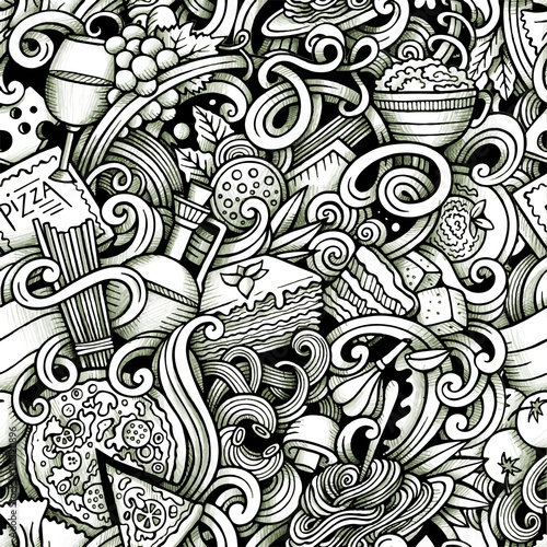 Cartoon hand-drawn doodles of italian cuisine seamless pattern