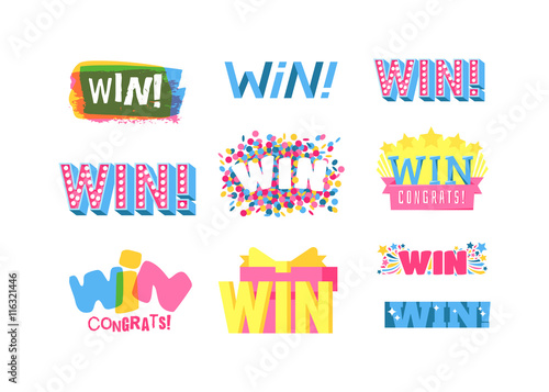 Win sign with colour confetti vector paper illustration. Success luck message contest promotion win text. Banner competition award lucky lottery word win text. Shop or web site reward gamble champion