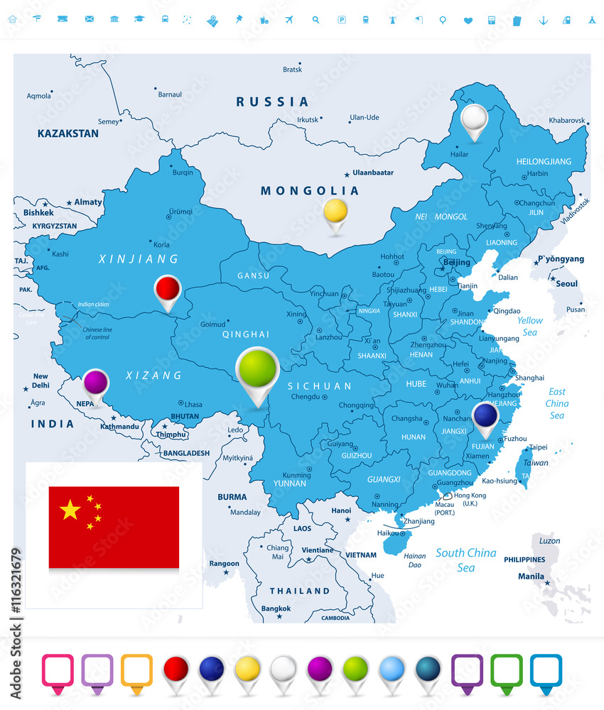 Fotografie China map with map pointers isolated on white