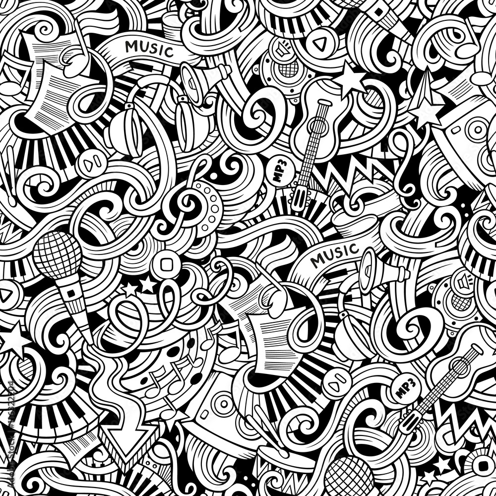 Fototapeta premium Cartoon hand-drawn doodles music seamless pattern