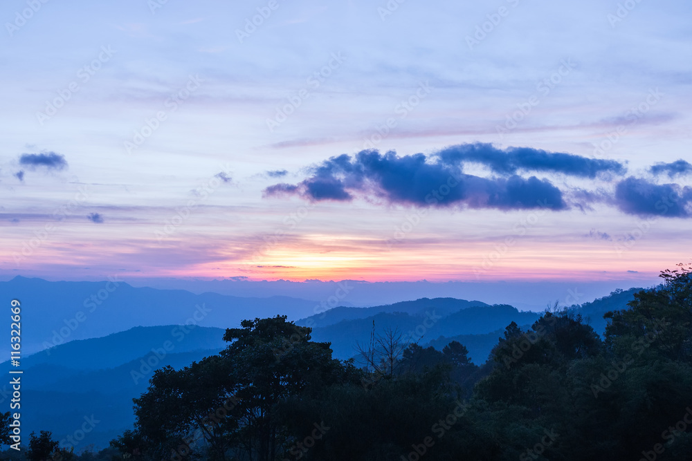 Fototapeta premium Mountain complex and colorful sky for background.