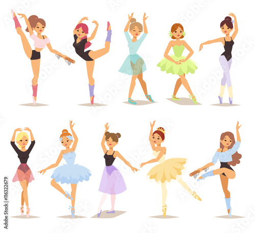 Six silhouette collection of female modern contemporary ballet dancer. Professional ballet dancer posing. Beautiful female young tutu woman ballerina dancers characters set. Performer beauty exercise