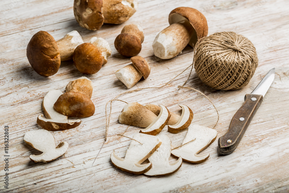 Boletus edulis (king bolete) prepared for drying Boletus edulis (king bolete) prepared for drying