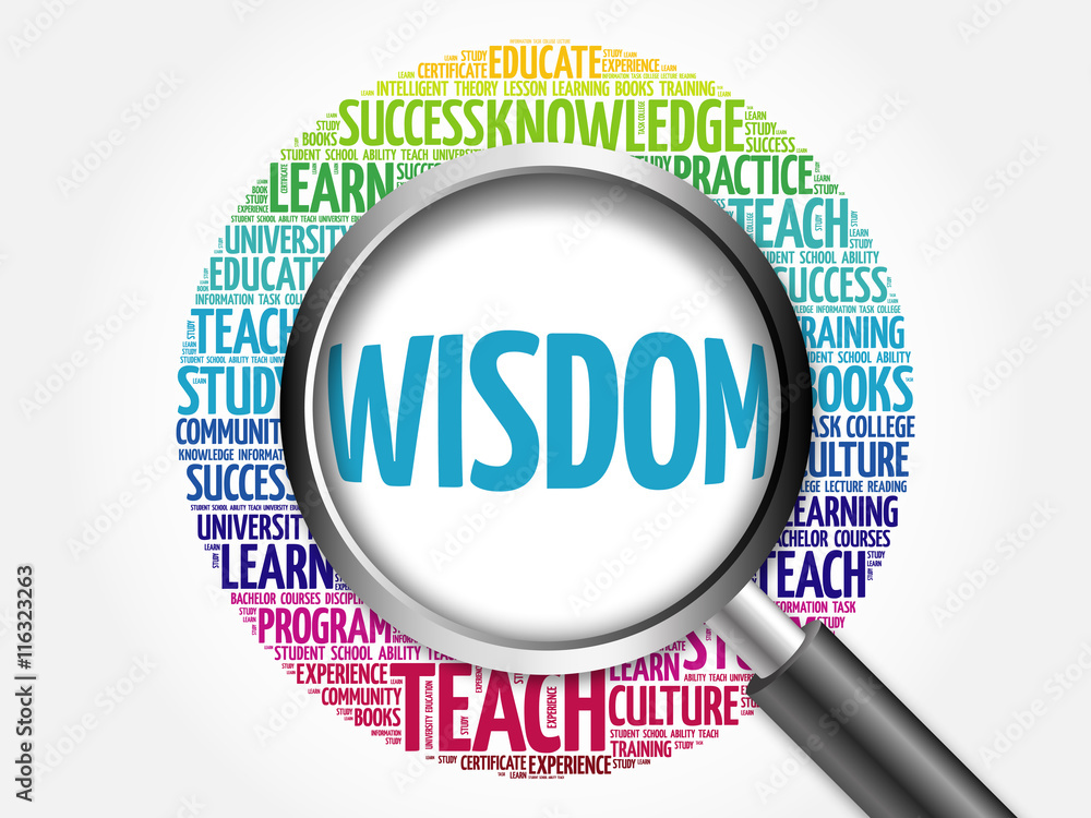 Wisdom word cloud with magnifying glass, concept 3D illustration Wisdom word cloud with magnifying glass, concept 3D illustration