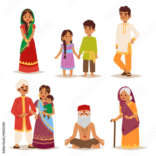 Vector illustration of Indian couple of different culture standing together. Indian people female happy person. Ethnicity cheerful casual Indian people, traditional boy and girl character.
