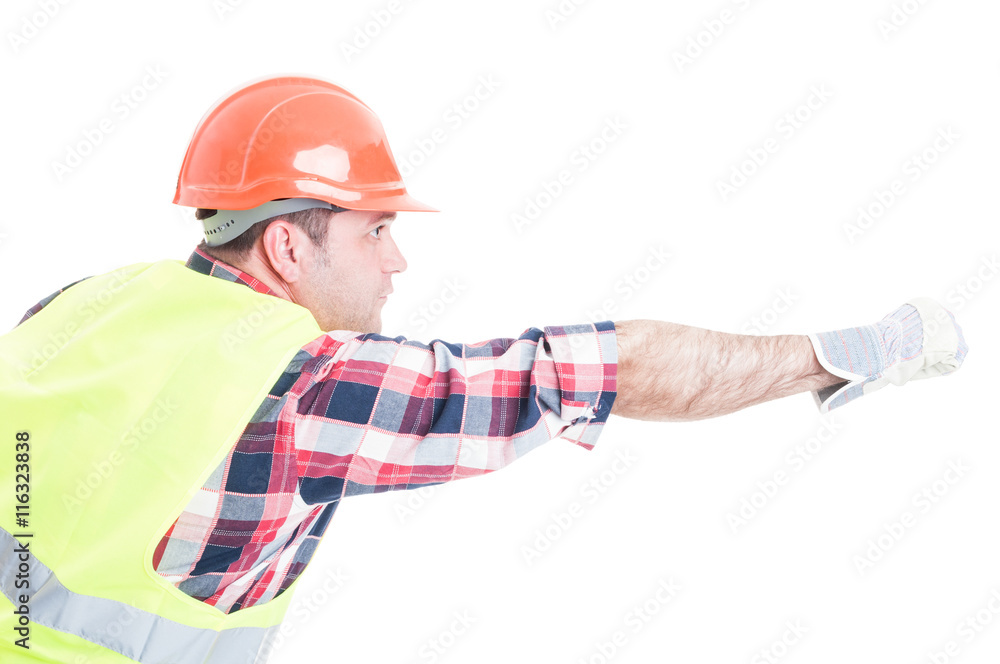 Builder in superhero pose doing fly gesture Builder in superhero pose doing fly gesture