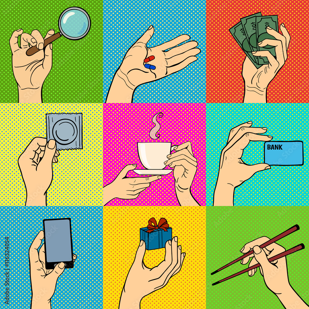 Pop art hands vector set success expression idea. vintage pop art hands