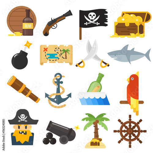 Golden age pirate adventures toy accessories pictograms treasures icons children party game icons set. Abstract vector set treasures icons. Sword gun sign, anchor weapon treasures icons collection.