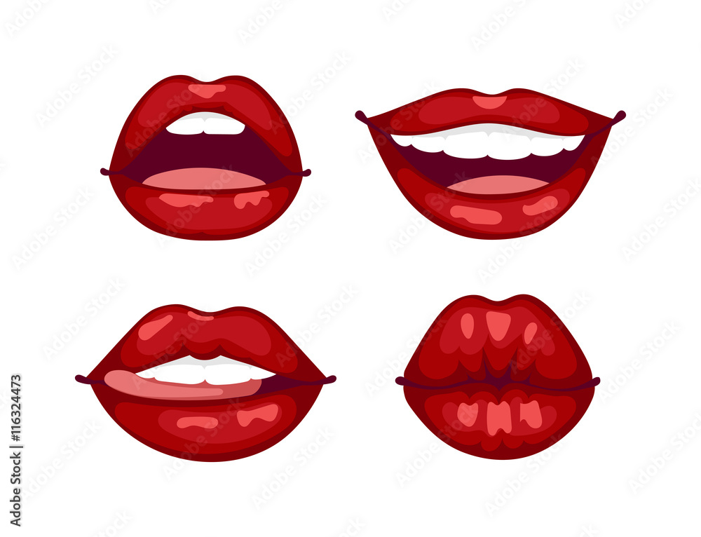 Obraz premium Female lips isolated on white sweet passion lust makeup mouth. Set woman lips romance cosmetic sensuality desire. Set of mouth smile woman red woman lips isolated shape romantic