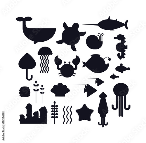 Vector set of cute sea animals creatures characters. Cartoon ocean underwater crab sea animals. Cute aquarium life water collection isolated turtle graphic aquatic tropical sea animals.
