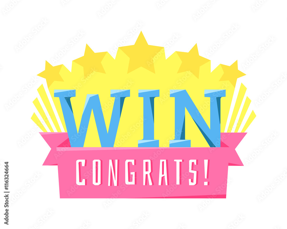 Win sign with colour confetti vector paper illustration. Success luck message contest promotion win text. Banner competition award lucky lottery word win text. Shop or web site reward gamble champion