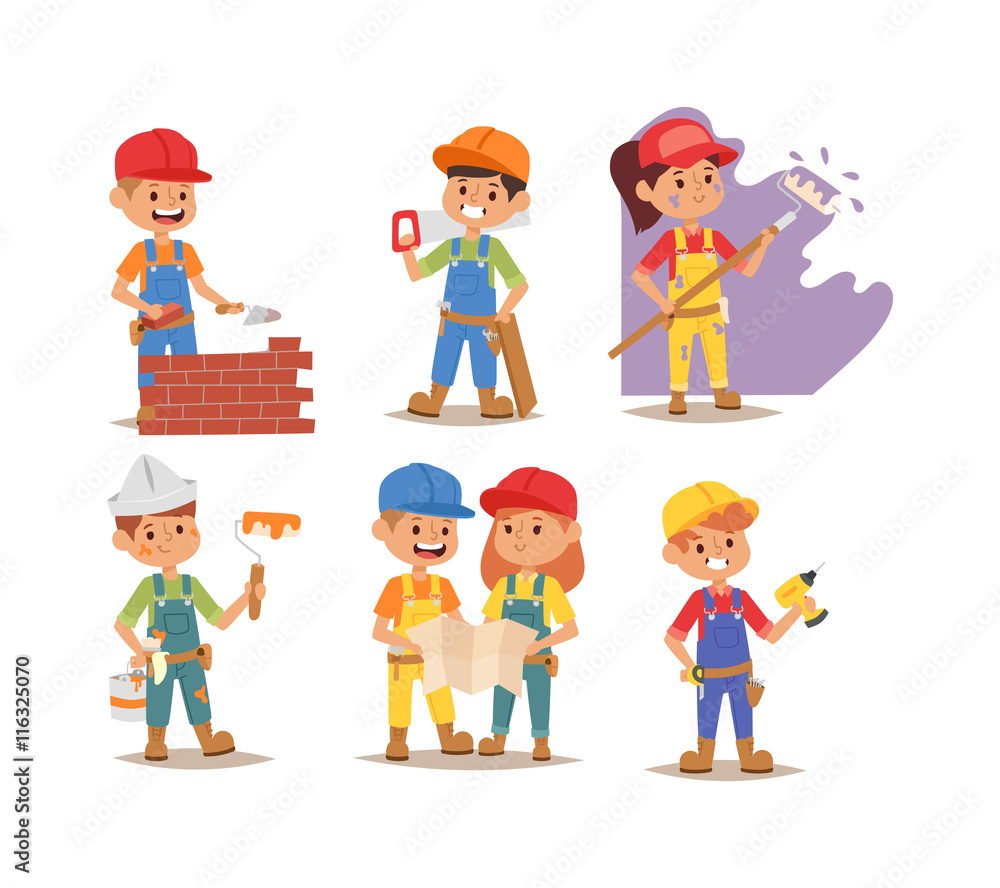 Builders kids boy and girl builder with tools. Vector character builder kid, cute child construction. Little person work equipment. Fun young profession. Builders kids boy and girl builder with tools. Vector character builder kid, cute child construction. Little person work equipment. Fun young profession.