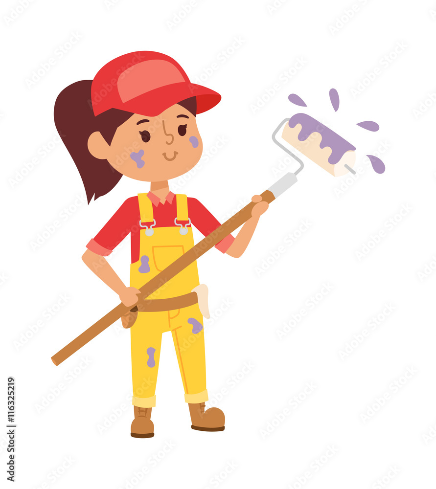 Builders kid artist painting girl builder with tools. Vector character builder kid, cute child construction. Little person work equipment. Fun young profession. Builders kid artist painting girl builder with tools. Vector character builder kid, cute child construction. Little person work equipment. Fun young profession.