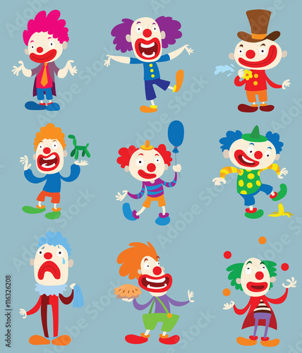 Set of clown character performing different fun activities vector cartoon illustrations. Clown character funny happy costume cartoon joker. Fun makeup and carnival smile hat nose clown character.