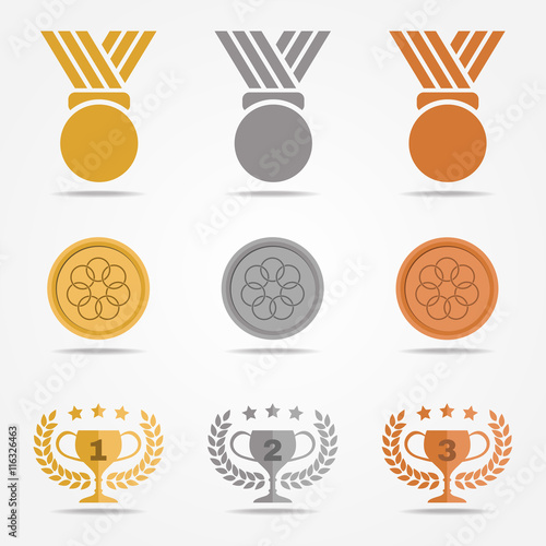 Gold silver bronze medal and trophies Olive wreath (solid color) vector set design on white background photo
