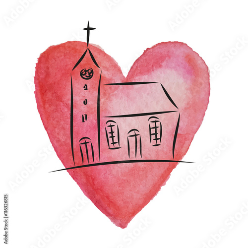 Religion und Glaube an Gott - Kirche im Herzen, rotes Herz mit Dorfkirche, Christliche Werte, Trauung, Taufe, Konfirmation, Firmung, Hochzeit, Heirat in der Gemeinde, Hoffnung, vektor, isoliert