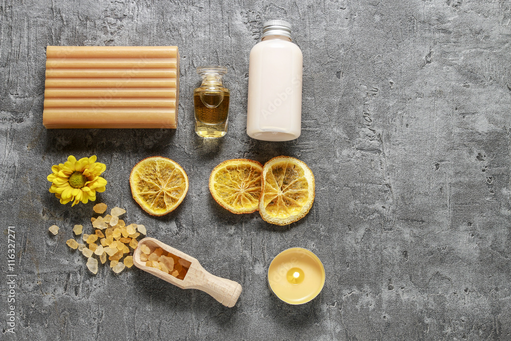Spa set: sea salt, essential oil, bar of soap and dried oranges Spa set: sea salt, essential oil, bar of soap and dried oranges