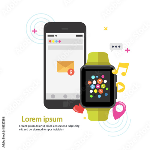 Smart watch device display with app icons and smartphone. Smart watch technology . Flat design vector illustration