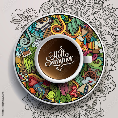 Cup of coffee and hand drawn watercolor summer doodles