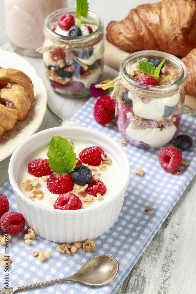 Breakfast table: bowl of yogurt with muesli and fresh fruits Breakfast table: bowl of yogurt with muesli and fresh fruits