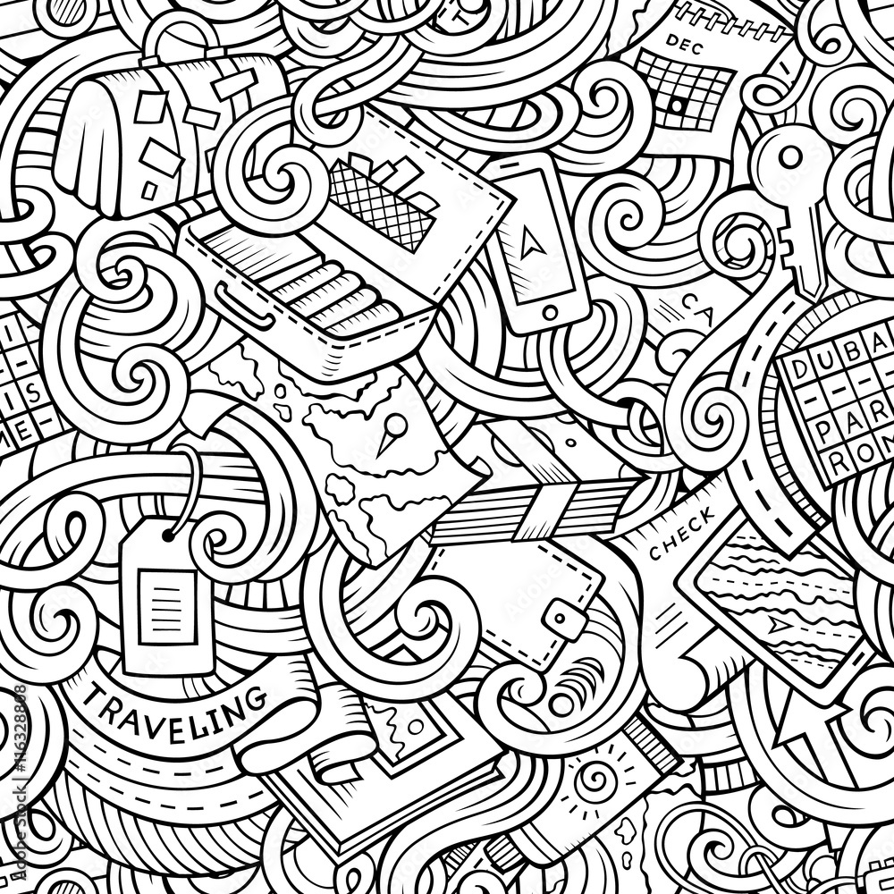 Cartoon doodles travel planning seamless pattern
