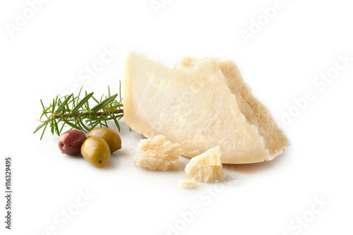 Parmesan cheese with olives and rosemary