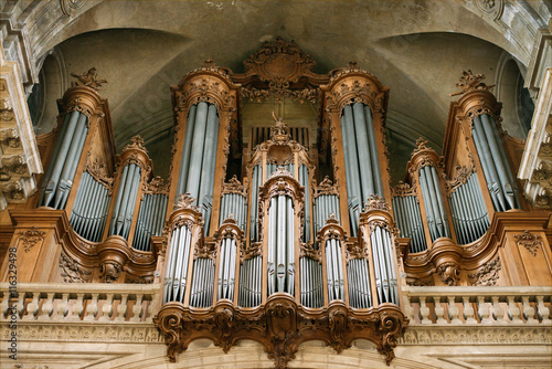 Nancy, France - October 9, 2015: Pipe organ in the cathedral of Nancy