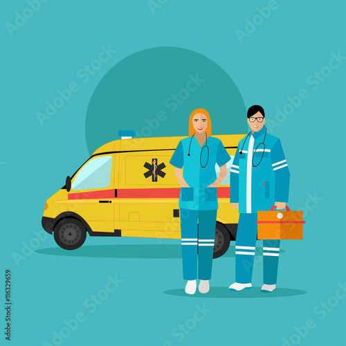 Ambulance car and emergency paramedic team. Vector illustration in flat style design. Medical help concept