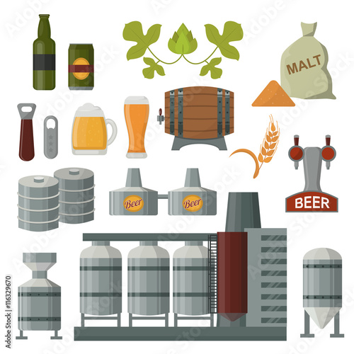 Beer brewing process infographic. Flat style Beer production keg, hops, plant opener. Beer production brewing process elements. Mashing, boiling, cooling, fermentation, filtering packaging.
