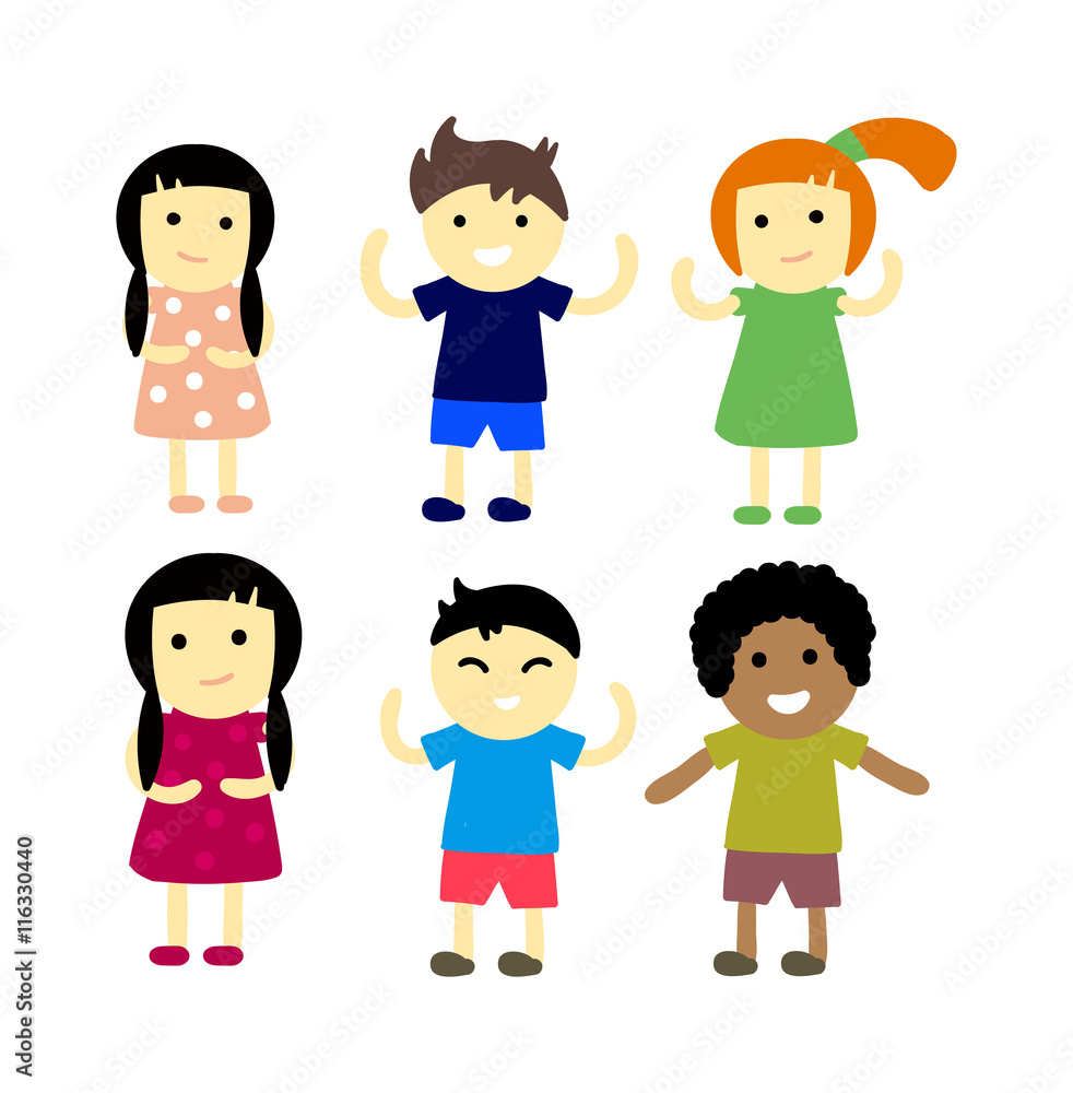 Group of school kids children together. Different nations happy character together concept vector. Little cute primary school children. School kids positive smiling children
