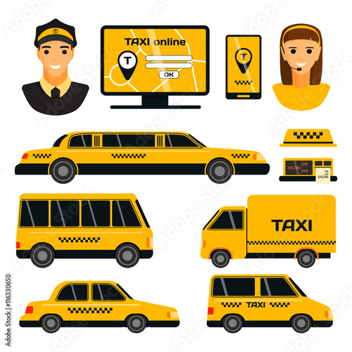 Transport set of taxi vector objects silhouette on white background. Taxi transport travel cab vehicle shipping tourist silhouette. Passenger street yellow road delivery taxi transport.