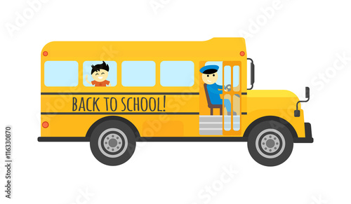 Illustration of school kids riding yellow schoolbus transportation education. Student child isolated school bus safety stop drive vector. Travel automobile school bus public trip childhood truck.