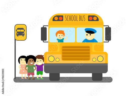 Illustration of school kids riding yellow schoolbus transportation education. Student child isolated school bus safety stop drive vector. Travel automobile school bus public trip childhood truck.