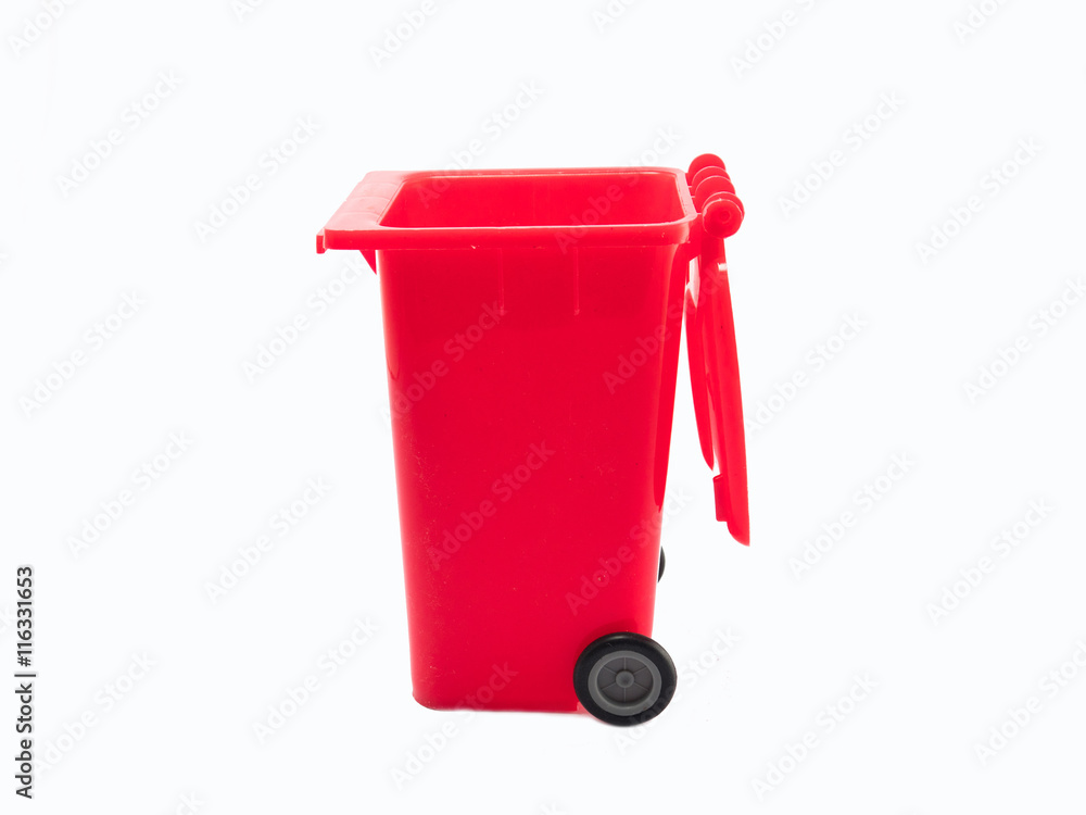 Large red trash can (garbage bin) with wheel, isolated on white background Large red trash can (garbage bin) with wheel, isolated on white background
