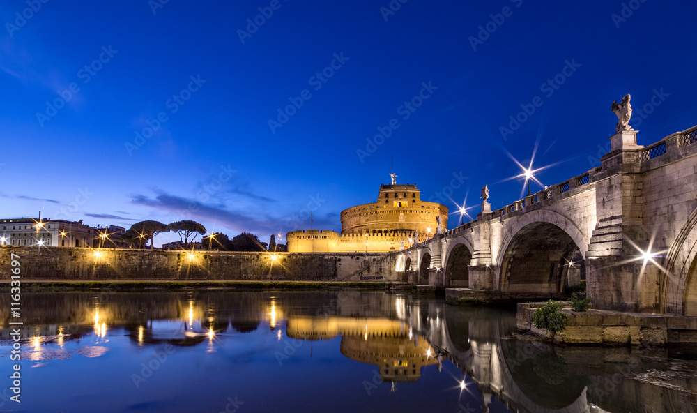 Night view after sunset on Saint Angelo Castle in Rome.
