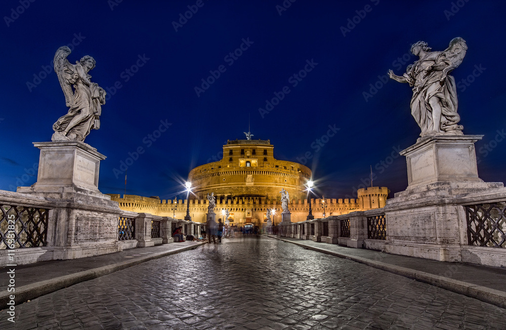 Night view of Castel Santangelo in Rome. Long exposure City lights