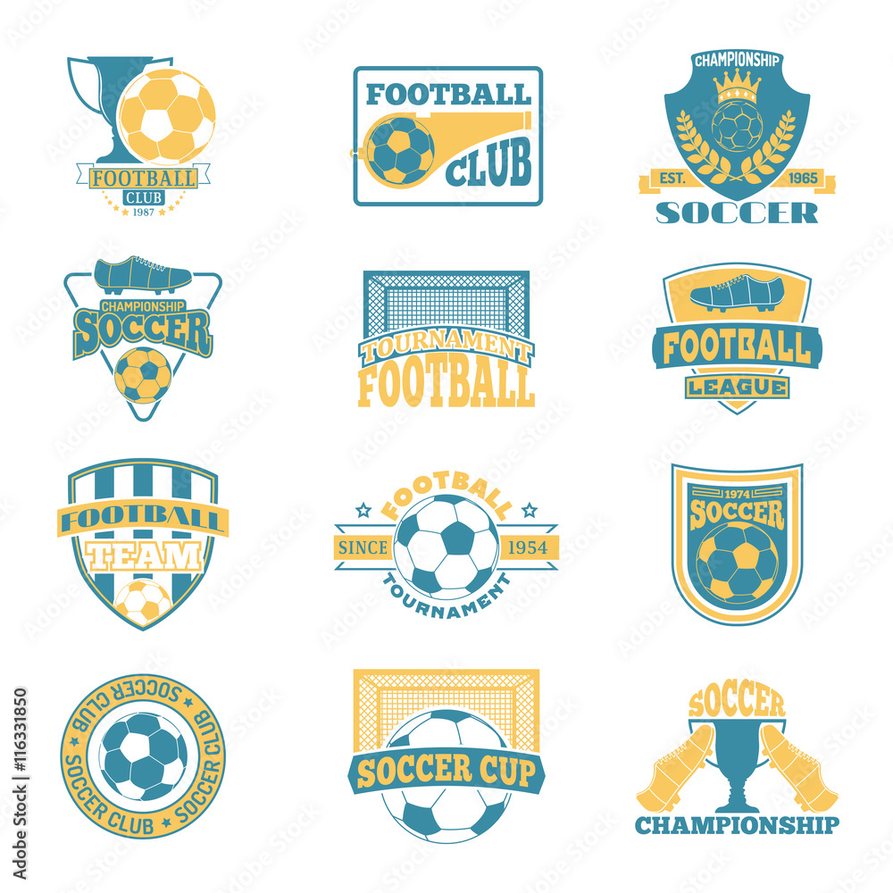 Fototapeta premium Set of european football, soccer labels, emblems and design championship elements. Vector set of soccer logo football tournament icon symbol. Soccer logo team emblem badge sport competition.