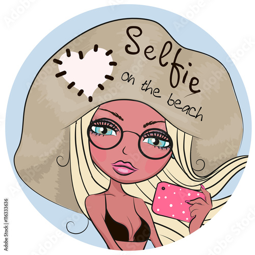 Vector cute cartoon girl makes selfie